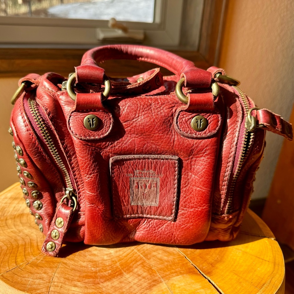 Frye Miki Brooke Studded Satchel red leather bag